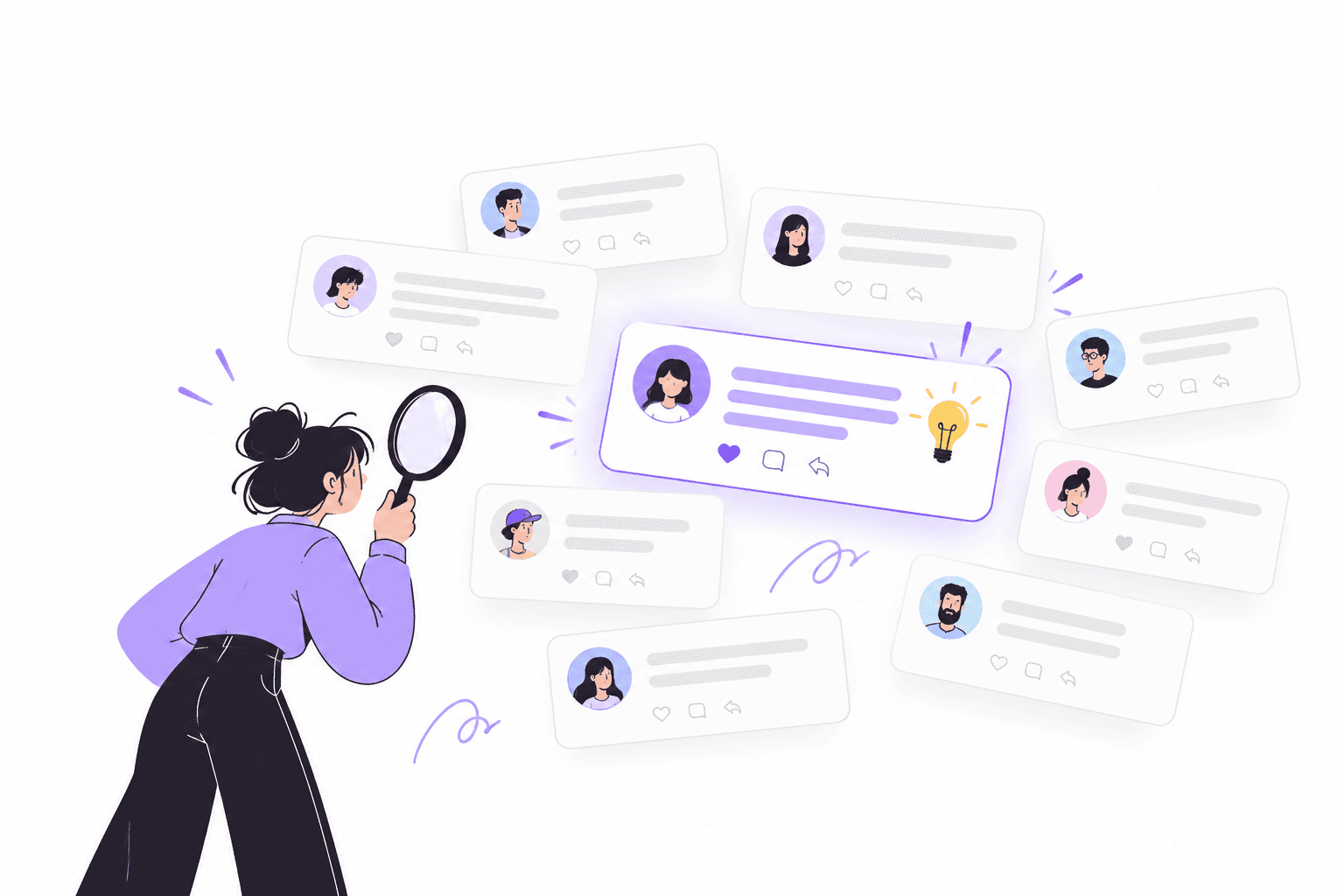 A person using a magnifying glass to find a marketing idea among social media comments.