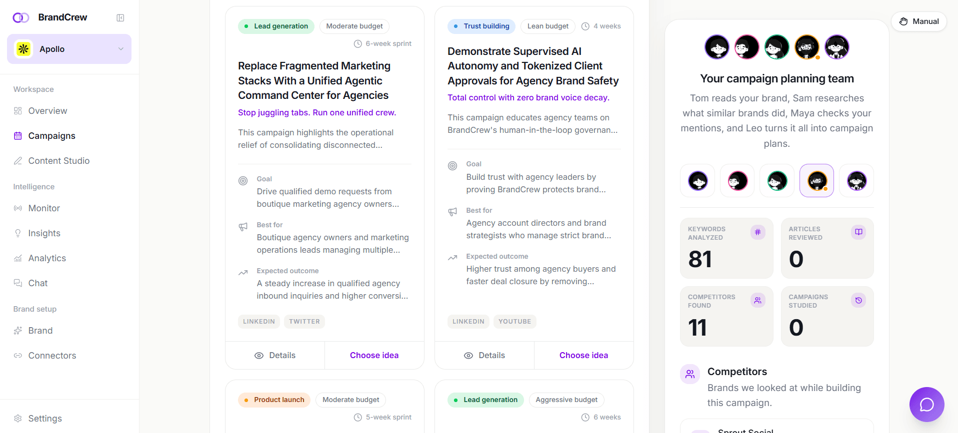 BrandCrew campaign recommendations showing campaign goals, audiences, expected outcomes, and research statistics