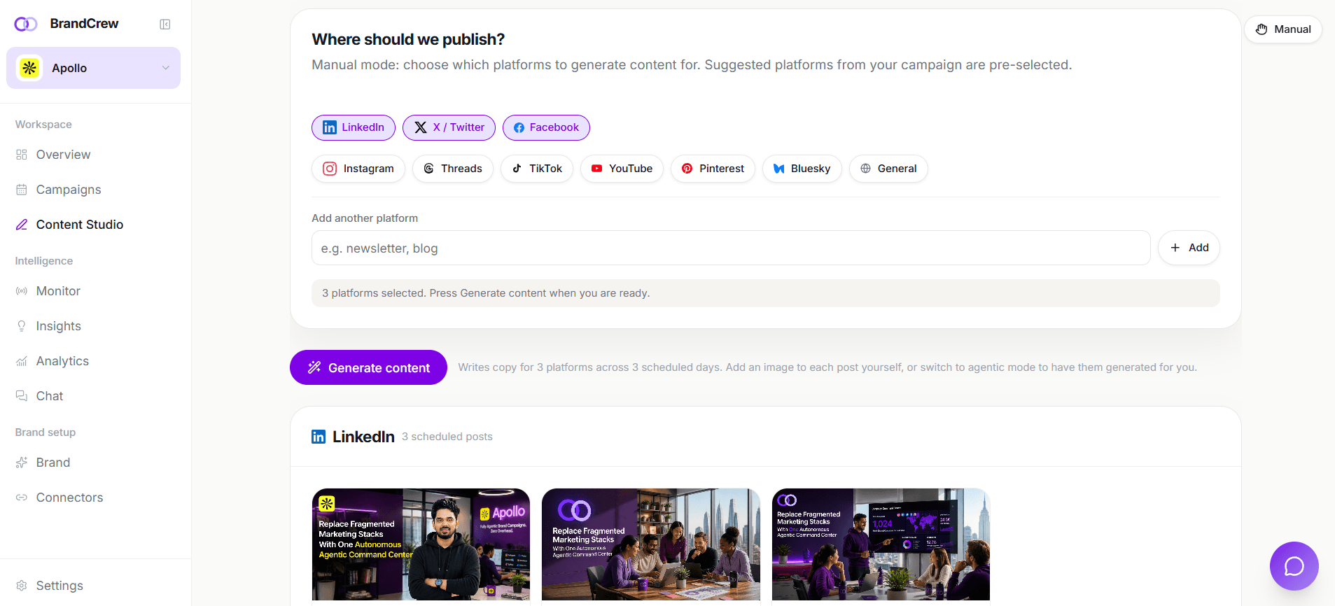 BrandCrew Content Studio showing generated posts and visuals for several social platforms