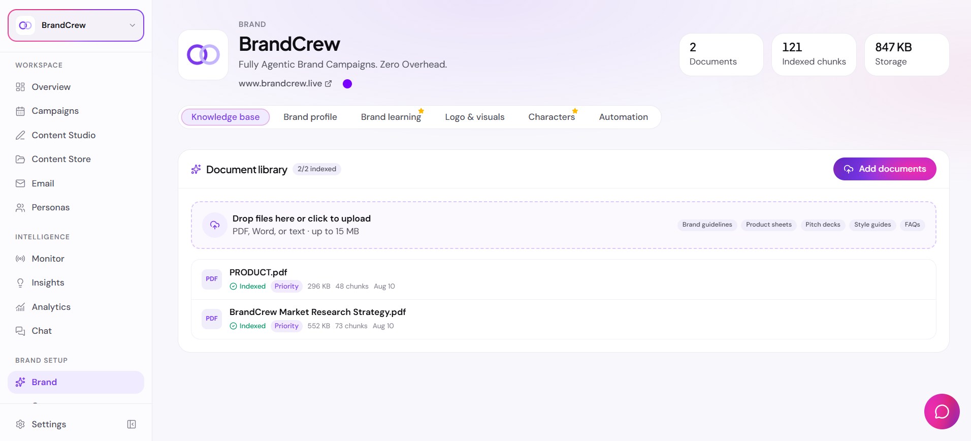 Brand knowledge base with uploaded documents