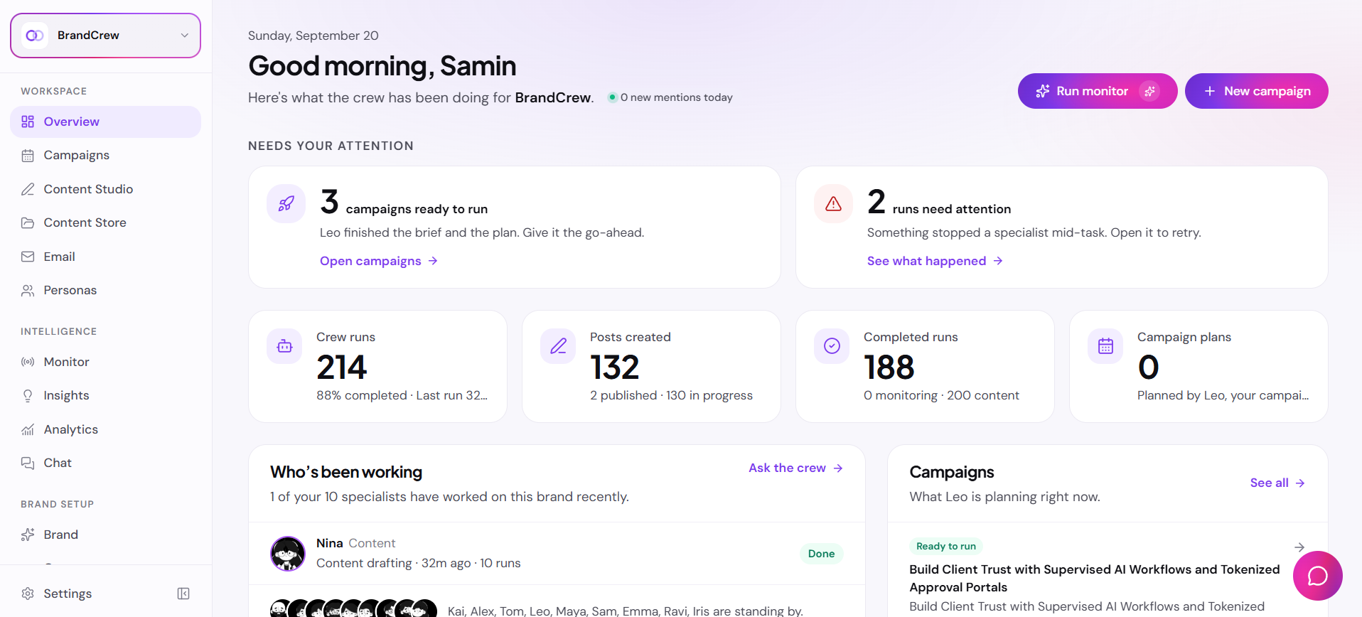 BrandCrew overview with campaign progress and crew activity